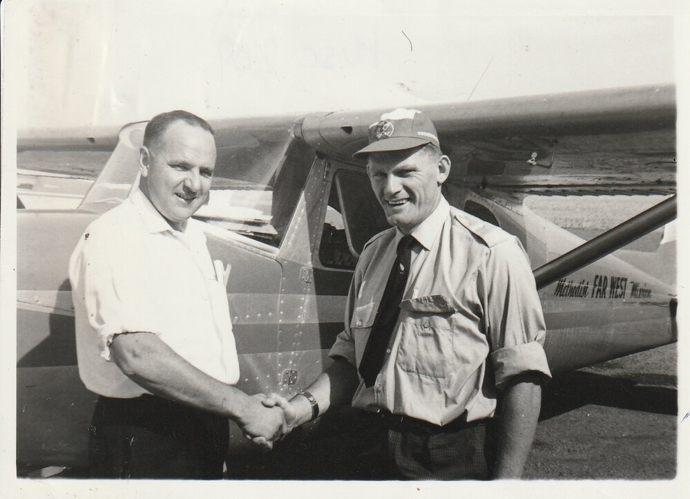 Far West Mission, Rev Neil Gough &amp; Frank Glen with the patrol plane