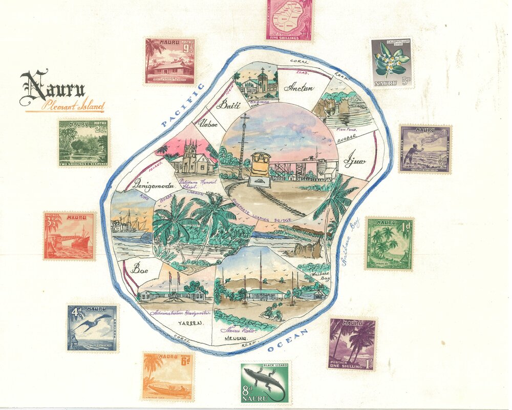 Nauru-Pleasant Island sketch map and stamps