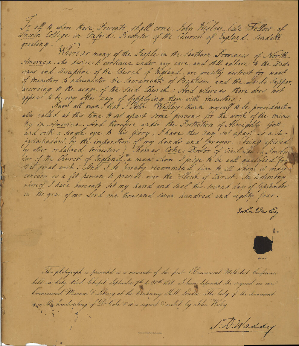 John Wesley's 1784 letter setting apart Rev Thomas Coke for ministry in North America