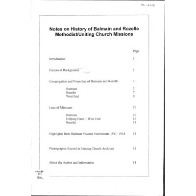 Notes on history of Balmain and Rozelle Methodist/Uniting Church Missions.