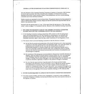General Letter of Response to Baptism Correspondence February 94 / Gregor Henderson,