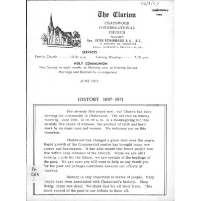 Chatswood Congregational Church history 1897-1971.