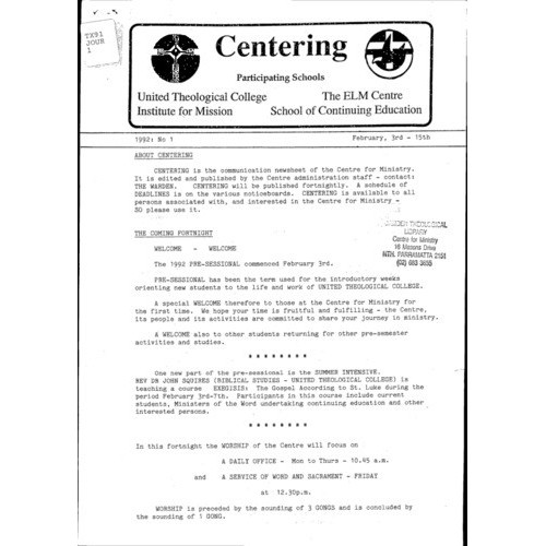Centering: Bulletin of the Centre for Ministry