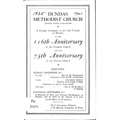 Dundas Methodist Church, Church Street, Carlingford: 116th anniversary of the original church and the 75th anniversary of the present church.