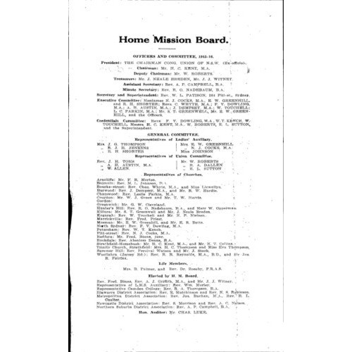 Congregational Union of New South Wales - Home Mission Board - Annual Reports