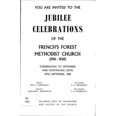 French's Forest Methodist Church (1918-1968): jubilee celebrations commencing 1st September and continuing until 29th September, 1968.