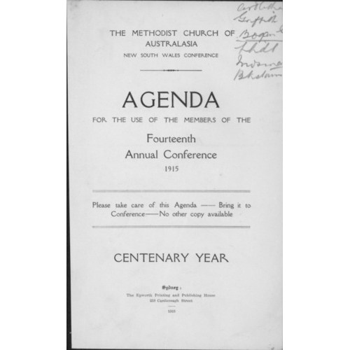 Methodist Church of Australasia. New South Wales Conference. Agenda