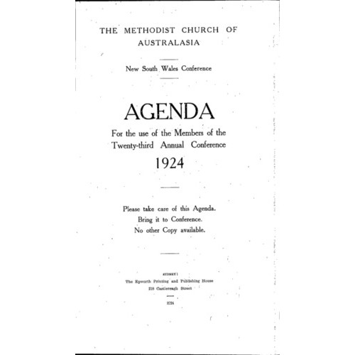 Methodist Church of Australasia. New South Wales Conference. Agenda