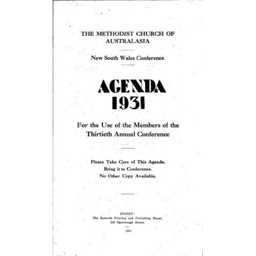 Methodist Church of Australasia. New South Wales Conference. Agenda