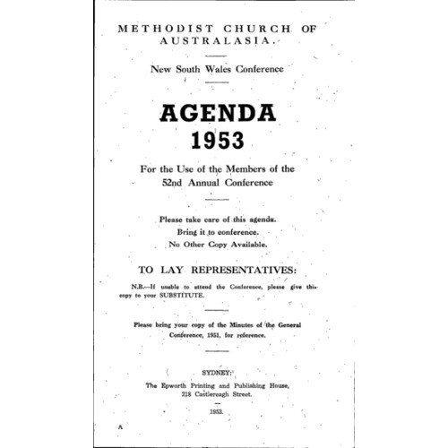Methodist Church of Australasia. New South Wales Conference. Agenda