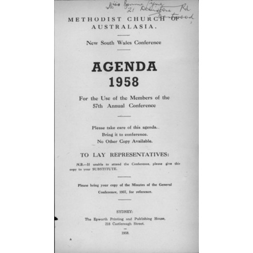 Methodist Church of Australasia. New South Wales Conference. Agenda