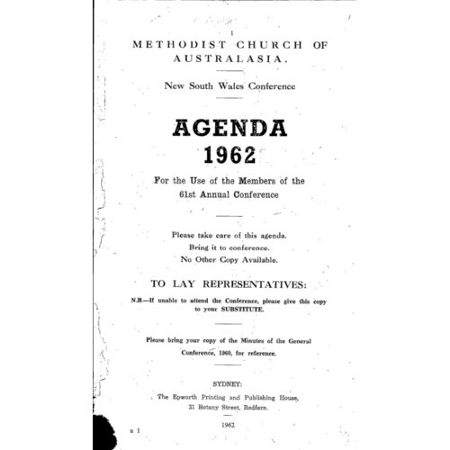 Methodist Church of Australasia. New South Wales Conference. Agenda