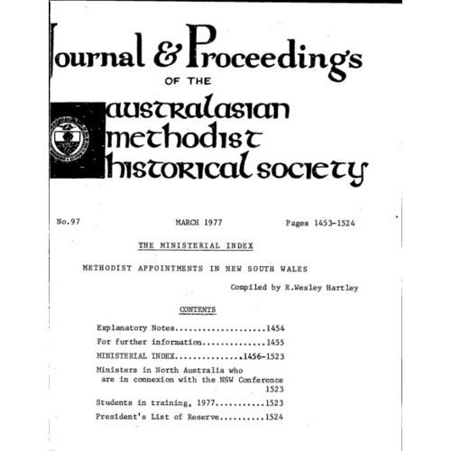 Journal and Proceedings of the Australasian Methodist Historical Society (includes Ministerial & Circuit Index for NSW)