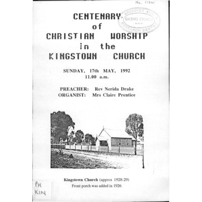 Centenary of Christian worship in the Kingstown Church, Sunday, 17th May,1992.