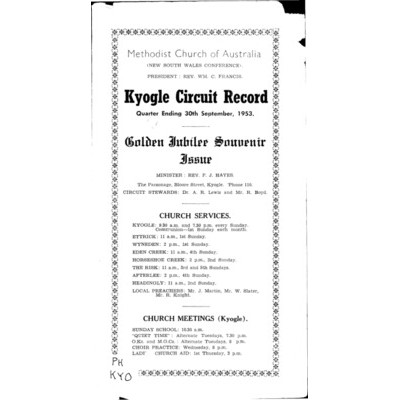 Kyogle Circuit record, quarter ending 30th September,1953; golden jubilee souvenir issue.
