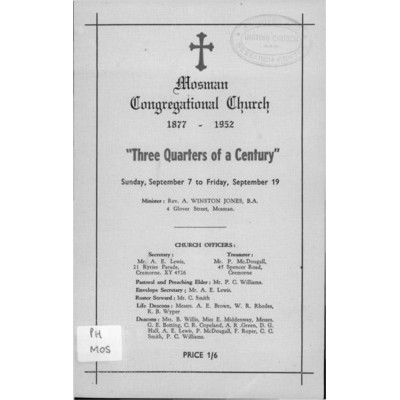 Mosman Congregational Church 1877-1952: "three quarters of a century"