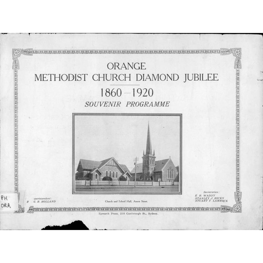 Orange Methodist Church diamond jubilee 1860-1920, souvenir programme.