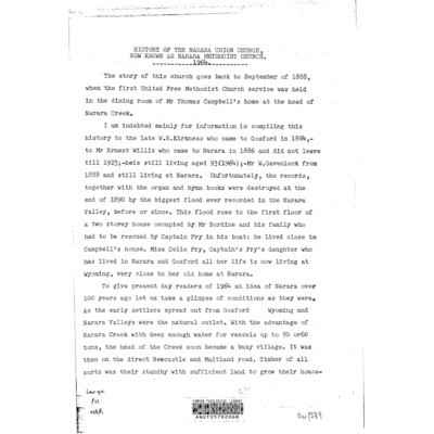History of the Narara Union Church, now known as Narara Methodist Church 1964.