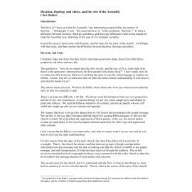 Doctrine, theology and ethics, and the role of the Assembly.