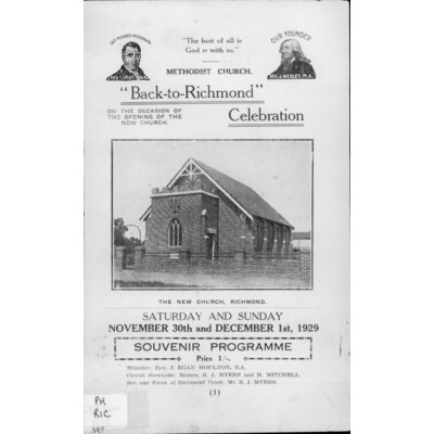 Back-to-Richmond celebration on the occasion of the opening of the new church; souvenir programme, Saturday and Sunday November 30th and December 1st, 1929.