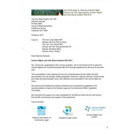 Letter to Attorney-General  Dreyfus re : Human Rights and Anti-Discrimation Bill 2012