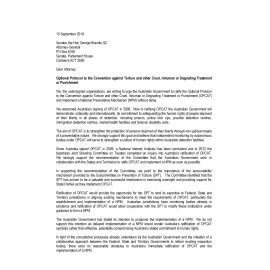 Letter to Attorney-General Brandis re : Optional Protocol to the Convention against Torture …