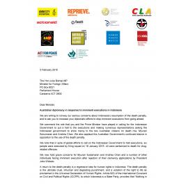Letter to Foreign Minister Bishop re : Australian diplomacy in response to imminent executions in Indonesia