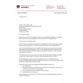 Letter to Immigration Minister Dutton re : Manus Island and Nauru