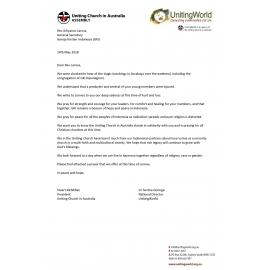 Letter to General Secretary Gereja Kristen Indonesia re : Bombings in Surubaya