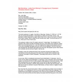 Letter Rev. Barr, UIM re : Bombing in Kuta Bali