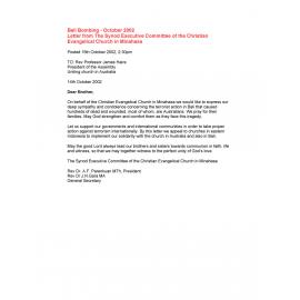 Letter from Christian Evangelical Church in Minahasa re : Bali bombing