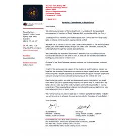 Letter to Foreign Secretary Bishop re : Australia's commitment to South Sudan