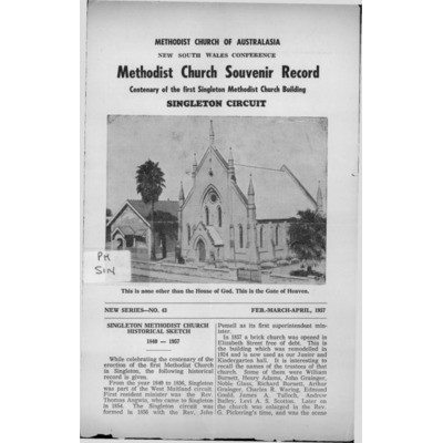 Methodist Church souvenir record: centenary of the first Singleton Methodist Church, Singleton Circuit.