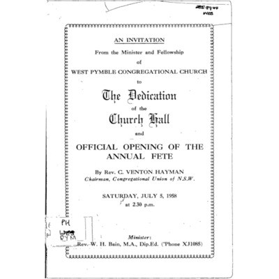 Dedication of West Pymble Congregational Church Hall, 5 July 1958