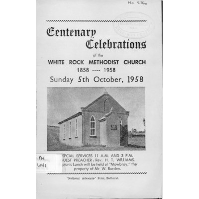 Centenary celebrations of the White Rock Methodist Church 1858-1958.