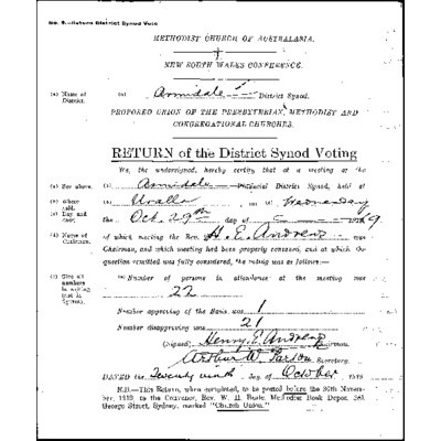 Methodist Church Vote 1919 (October) / In Quarterly Meetings & Synods’, being correspondence of the Convenor, Rev. W.H. Beale, with returns from District Synods, relating to proposed Basis of the Union of the Presbyterian, Methodist and Congregational Chu