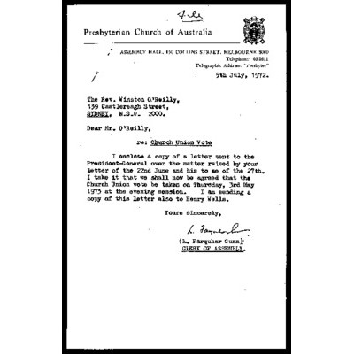 1. Church Union – Correspondence with Returning Officers other States, Secretary-General, etc.’