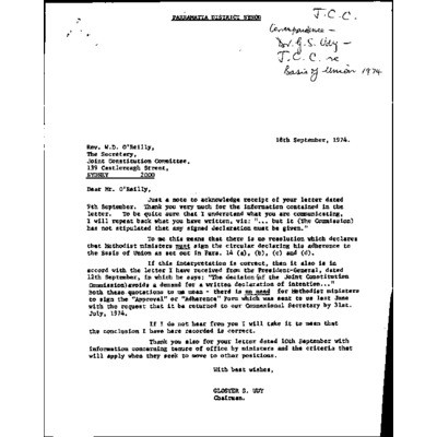 JCC Correspondence with Dr Gloster C. Udy relating to Basis of Union