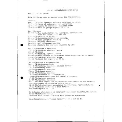 JCC Workgroups on preparation for inauguration: General, 1. Worship – 2. Properties & Services – [No no.3] – 4. Transport & Accommodation – 5. Public Statements to Congregations, Other Churches, the Nation – 6. Paraphernalia & Titles (see Files 20A and 20