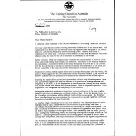 Letter to PM Hawke re war in Middle East