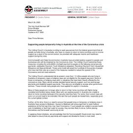 Letter to PM Morrison re Support for vulnerable people during COVID 19 crisis