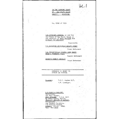 Appendix to Brief to Appear on Hearing for Attorney General v Grant & Ors in the Supreme Court of New South Wales Equity Division, No. 2958 of 1974