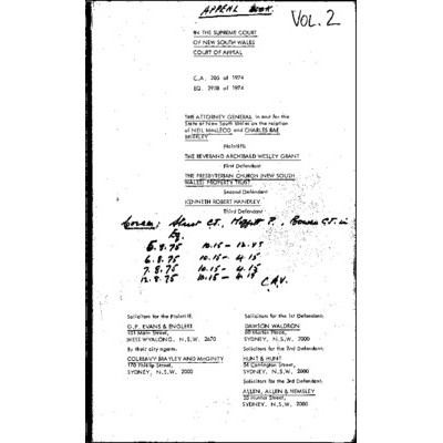 Appeal Book for Attorney General v Grant & Ors in the Supreme Court of New South Wales Court of Appeal, C.A. 205 of 1974, EQ. 2958 of 1974