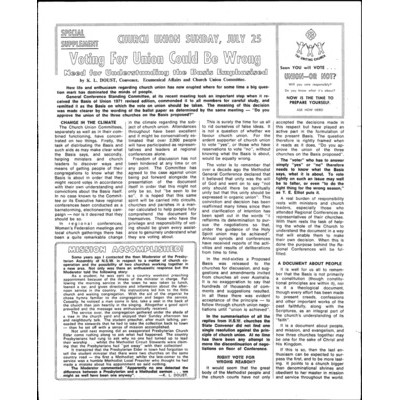 Church union Sunday, July 25. Special supplement. Reprinted from The Methodist, 17th July, 1971