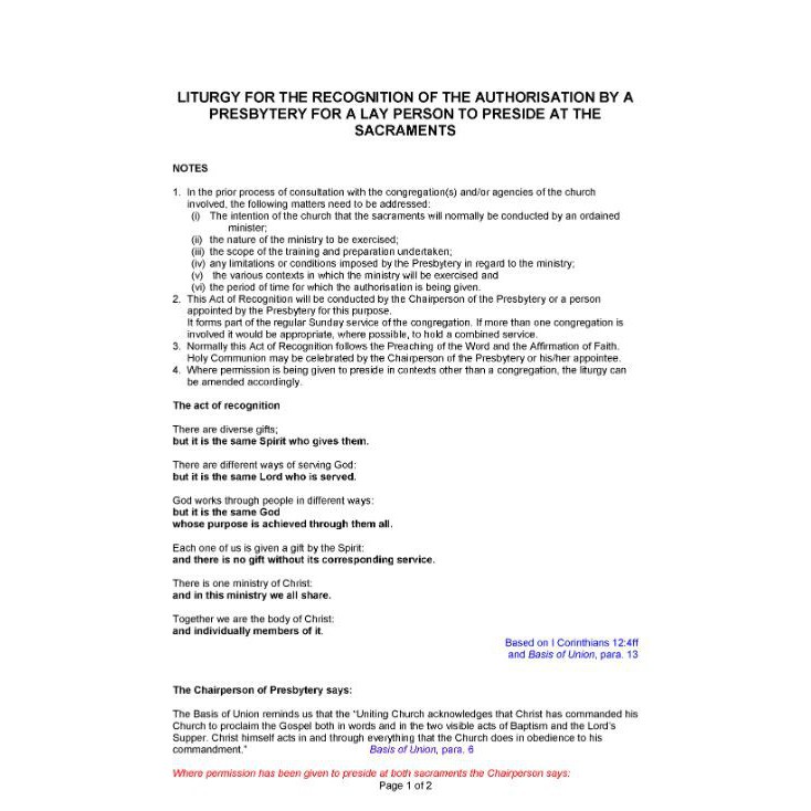 Liturgy for recognition for lay person to preside at sacraments