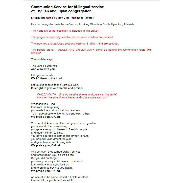 Communion Service for bi-lingual service (English and Fijian)