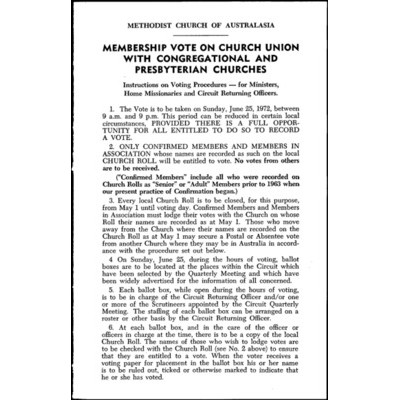 Membership vote on church union with Congregational and Presbyterian Churches : Instructions on voting procedures – for ministers, home missionaries and circuit returning officers / Rex Mathias