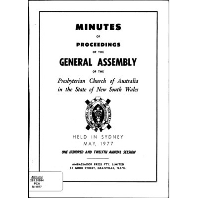 Minutes of proceedings of the General Assembly of the Presbyterian Church of Australia in the state of New South Wales held in Sydney, May, 1977