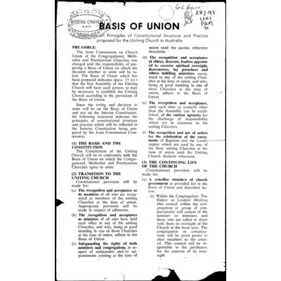 Basis of Union : a statement on the principles of constitutional structure and practice proposed for the Uniting Church in Australia / reprinted from The Australian Congregationalist (September 1970)