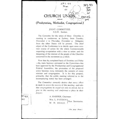 Church Union (Presbyterian, Methodist, Congregational) / Joint Committee. NSW Section (1922)